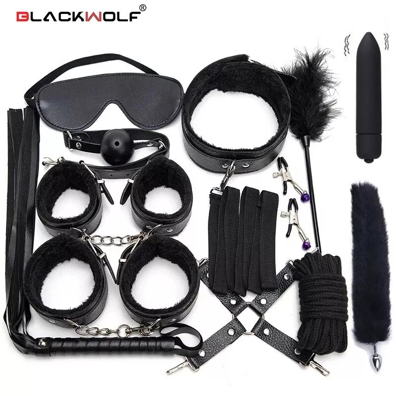 Kit BDSM 14 Pièces - Menottes, Cravache, Plug Anal, Masque - Accessoires érotiques Noir