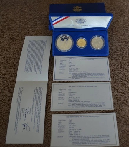 1986 US Liberty Commemorative 3 Coin Proof Set $5 Gold Coin Silver Half Dollar