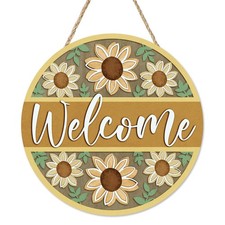 Welcome Sunflower Front Door Sign, Spring Summer Yellow Flower Wood Hanger Ou...