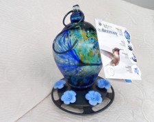 Nature's Way Artisian Glass Hummingbird Feeder 8.5"Tx6"W 5 Blue Flower Feed NWT