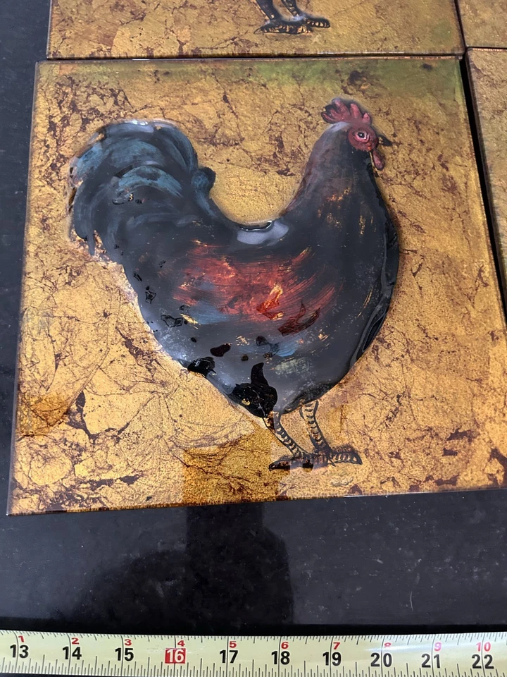 Juego de 4 arte de pared Pier 1 Imports Gallo 10"x10" vidrio pintado al revés granja decoración Foto 3 de 4