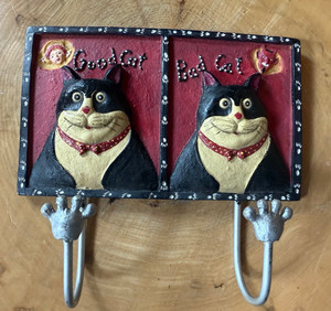 Funny Cat Wall Hook Hanger Keys Towel Resin Angel Devil Good Bad Whimsical 3D