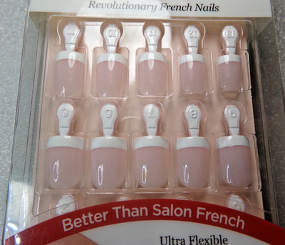 KISS Salon Acrylic NAILS Shiny Pink Bed,  French GLUE ON Real Short, Square