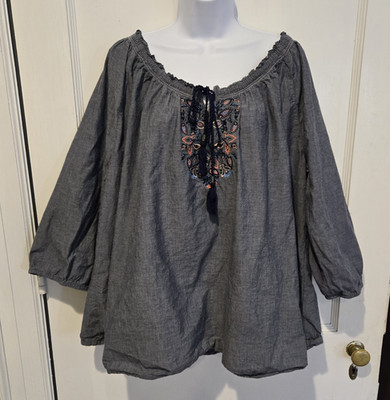 Basic Editions Women's Chambray Tunic Tassel Tie Blouse Bohemian Hippie Size 3X