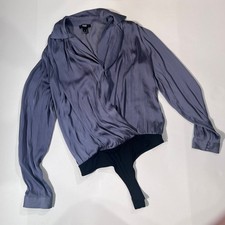 PAIGE Sevilla Long Sleeve Satin Surplice Bodysuit in Muted Hydrangea Small