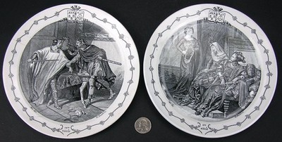 Pair Antique French Plates Creil & Montereau Shakespeare HAMLET Costume Designs