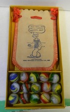 Original Vintage Akro Agate Popeye Box With Marbles and Bag