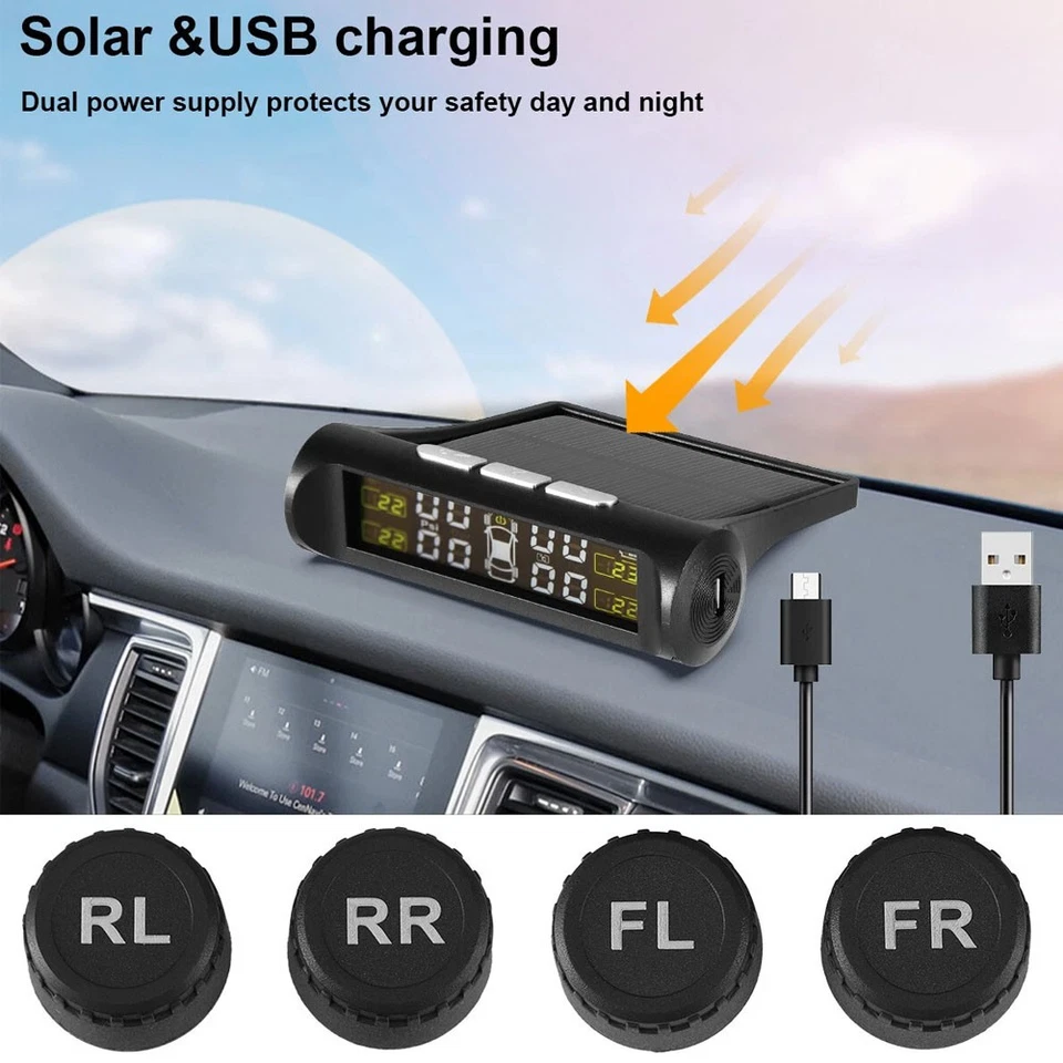 Solar Power TPMS Car Tire Pressure Alarm Monitor System Tyre Pressure Security  - Image 2 of 4