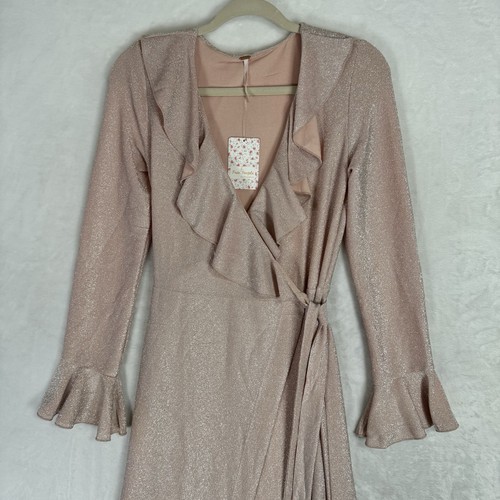 NEW Free People One More Time Lurex Midi Wrap Dress Size S Romantic Peach Pink - Picture 3 of 13