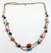 Chico's Mixed Media Seed Bead Stone Multi Strand Boho Statement Necklace 40"