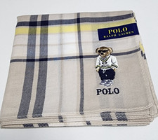 Polo Ralph Lauren Bear Embroidered scarf Handkerchief Striped Cotton Beige Check