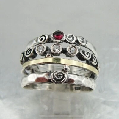 Hadar Designers Granat Ring 9k Gelbgold 925 Silber Größe 6, 6.5 Handgemacht ( Ms - Bild 1 von 4