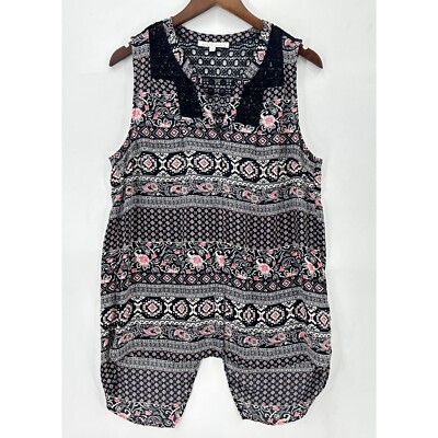 Daniel Rainn Top Womens Sleeveless Crochet Split Back Floral Batik Black Pink M