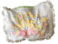 Small Vintage Baby Pillow 11"x15" Bunnies, ruffled trim