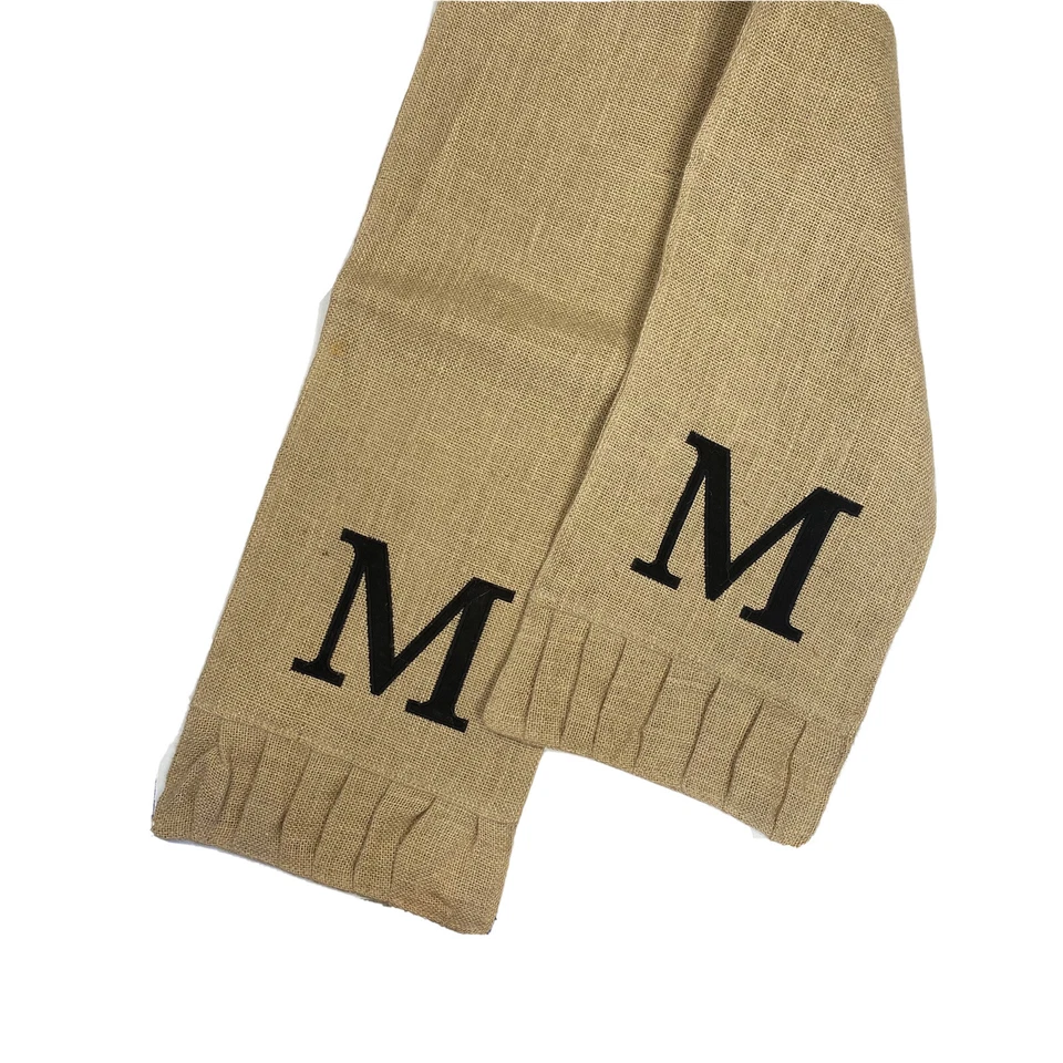 Burlap Table Runner M Monogram Luxury Custom Made Brown Tan Black Jute Long - Image 3 of 4