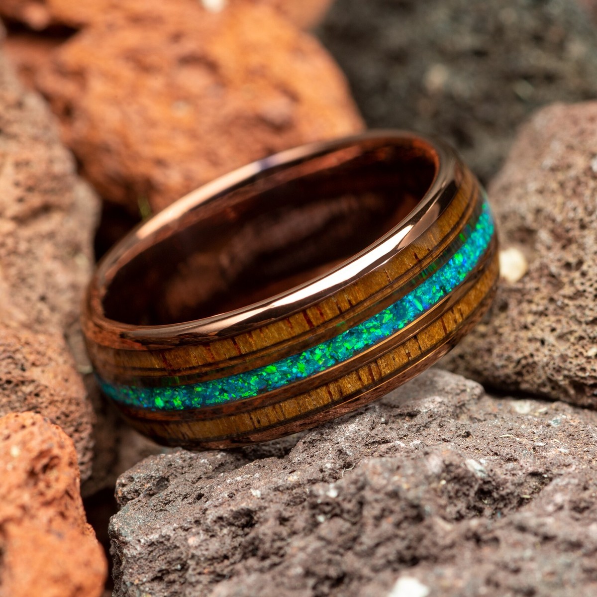 Moss Agate Koa Wood Mens Wedding Ring Vertigo