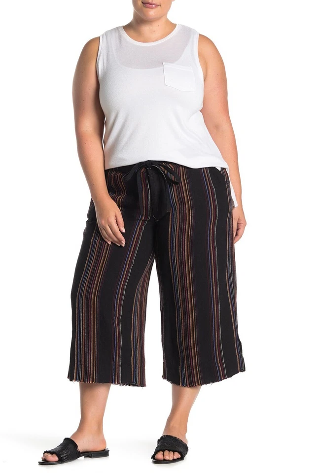 Pantalones Democracy Mezcla de Lino Pierna Ancha Talla 18W Negros Multi Rayas Nuevos con Etiquetas $78 Foto 4 de 4