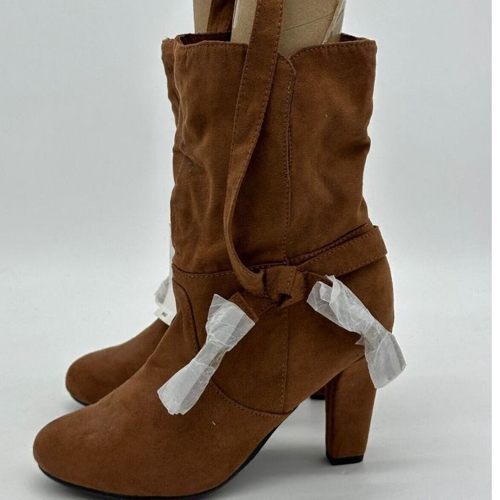 Express Suede Leather Boots Womens Mid Calf Brown Tissu Stacked