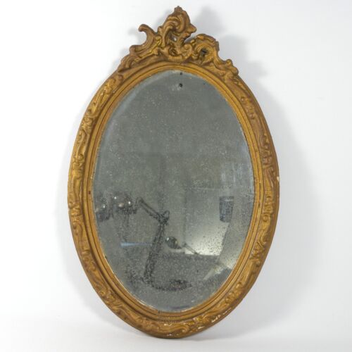 U780 ANTIQUE SMALL MIRROR MERCURY GOLDEN WOOD FRAME & STUCCO - Picture 1 of 18