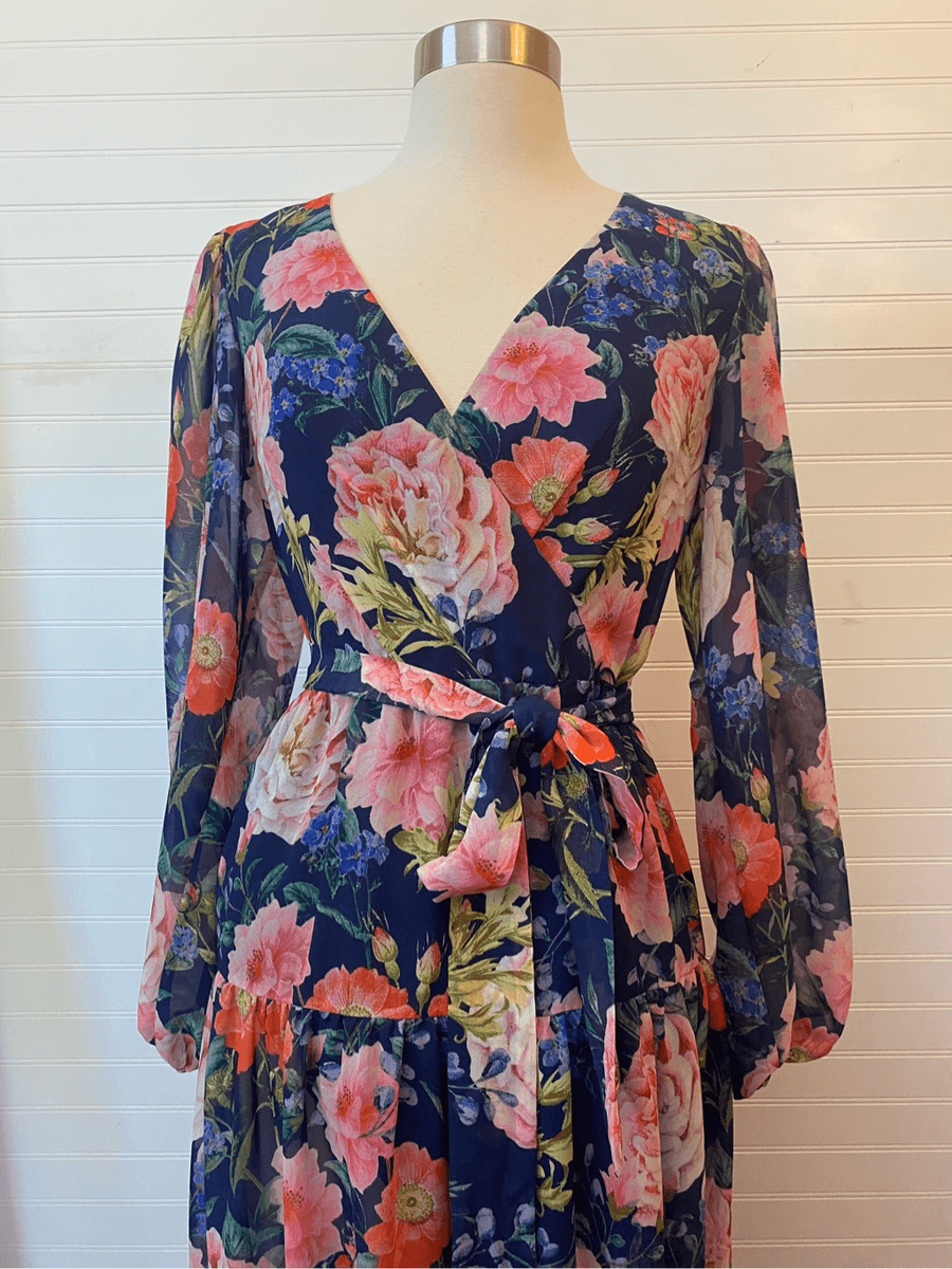   ★【マキシ ドレス】Floral Faux Wrap Chiffon Women Plus Size Floral Dress Trendy Wrap V Neck Chiffon