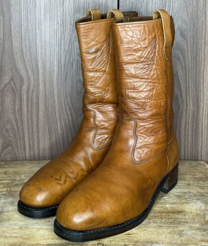 Vintage Knapp Eagle Brown Leather Steel Toe Boots 70s  Eagle Print Size 11 E - Afbeelding 1 van 13