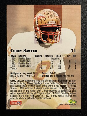 COREY SAWYER FLORIDA STATE BENGALS 1994 CLASSIC #71 AUTOGRAPHED