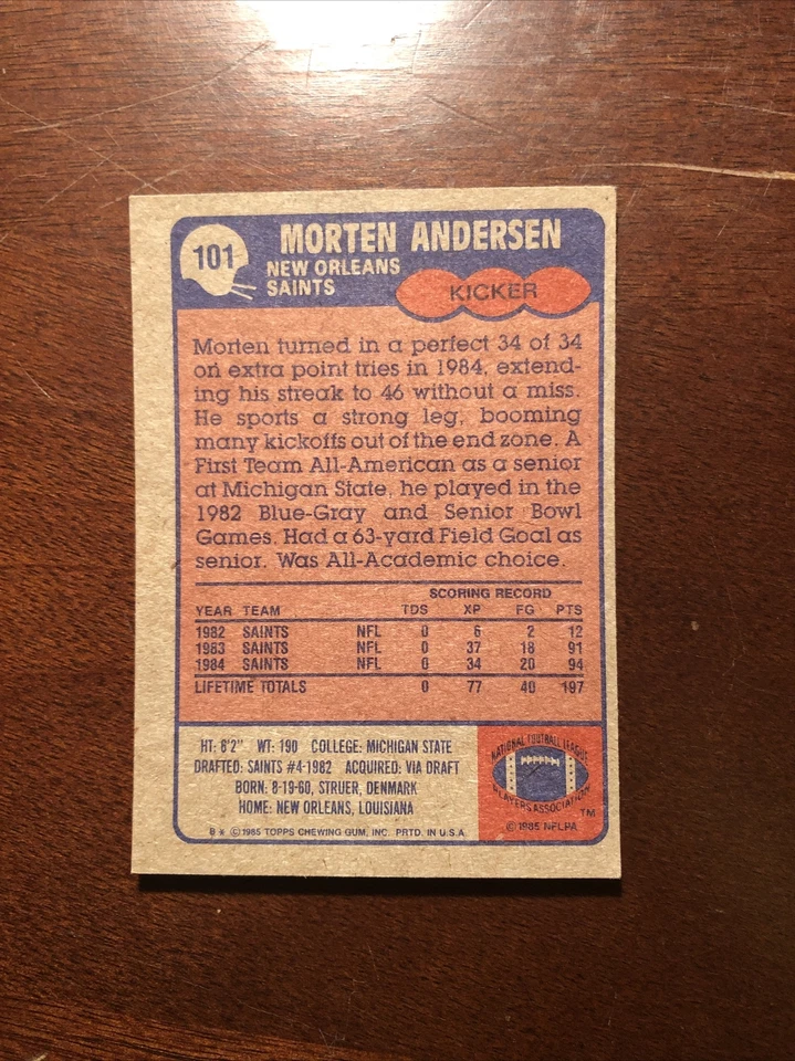Morten Andersen Signed 1985 Topps New Orleans Saints #101 Football Card - Image 2 of 2