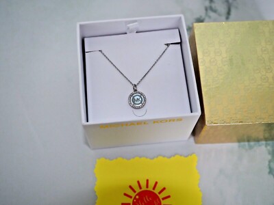 Michael Kors Iconic Cut-Out MK Logo w/ Crystals Pendant Necklace Silver New Tg  