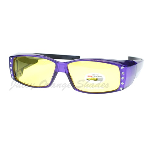 Womens Fit Over Glasses Polarized Yellow Lens Rhinestone Sunglasses - Picture 5 of 25