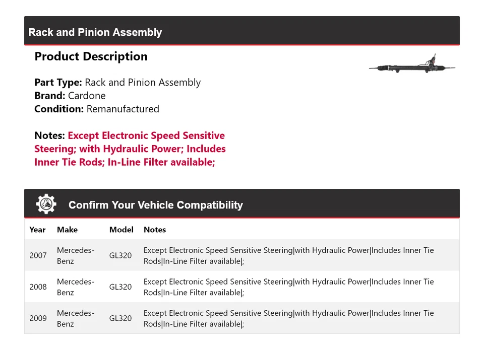 Conjunto de piñón y cremallera Cardone 2008 para Mercedes-Benz GL320 2007-2009 Foto 2 de 4