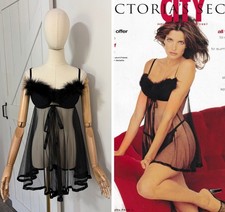 90s Victoria s Secret 36B Feathers Black Sheer Mesh Vintage Babydoll Slip Dress