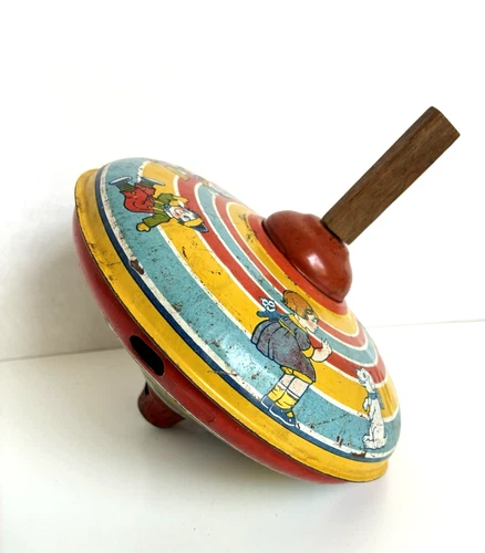 Vintage Large 7" Litho CHEIN TIN TOP with Wooden Handle; Children and Toy Design