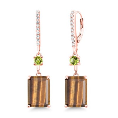 13.90 Ct Brown Tiger Eye Green Peridot 18K Rose Gold Plated Silver Earrings