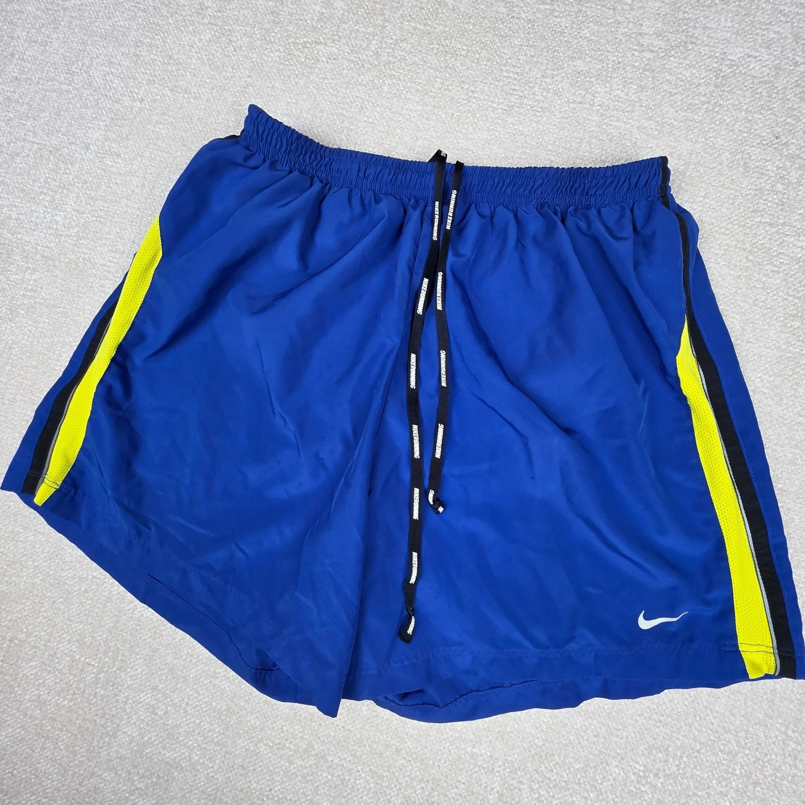 Nike Running Dri-FIT Shorts Mens Large Blue Neon Yellow Striped Athletic Swoosh