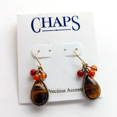 Chaps Semi Precious Tigers Eye Stone Beaded Boho Dangle Hook Earrings NWT