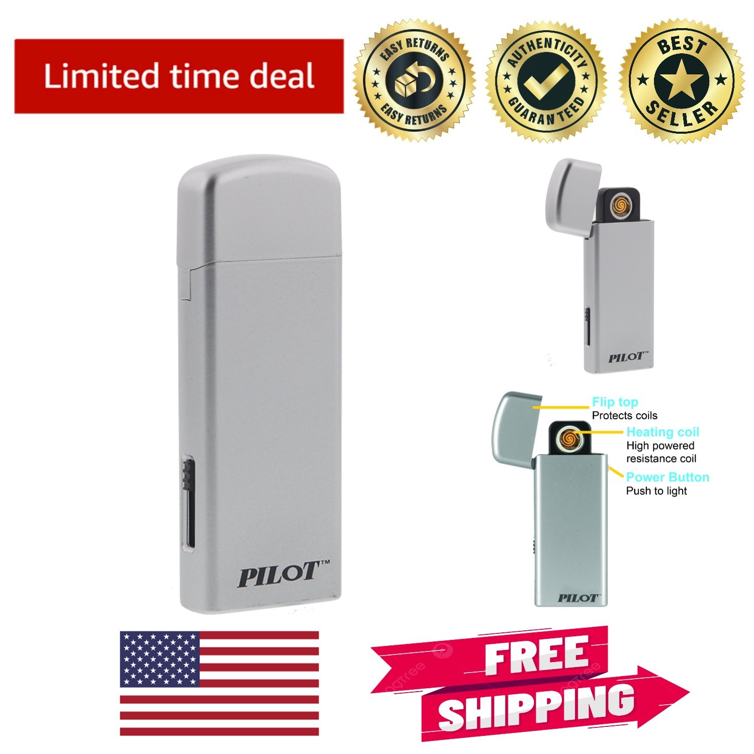 Durable Silver Rechargeable E-Lighter - Safe Heating with Heated Coil Technology