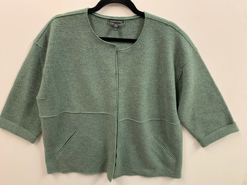Eileen Fisher 100% Wool Boiled Sz M Open Jacket Coat Lagenlook Green - Image 2 of 4