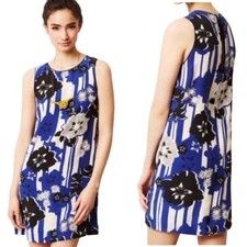 Anthropologie Maeve 100% Silk Shift blue/black floral Dress size 6 above knee