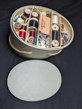 Vintage Gray Sewing Basket with Contents Notions