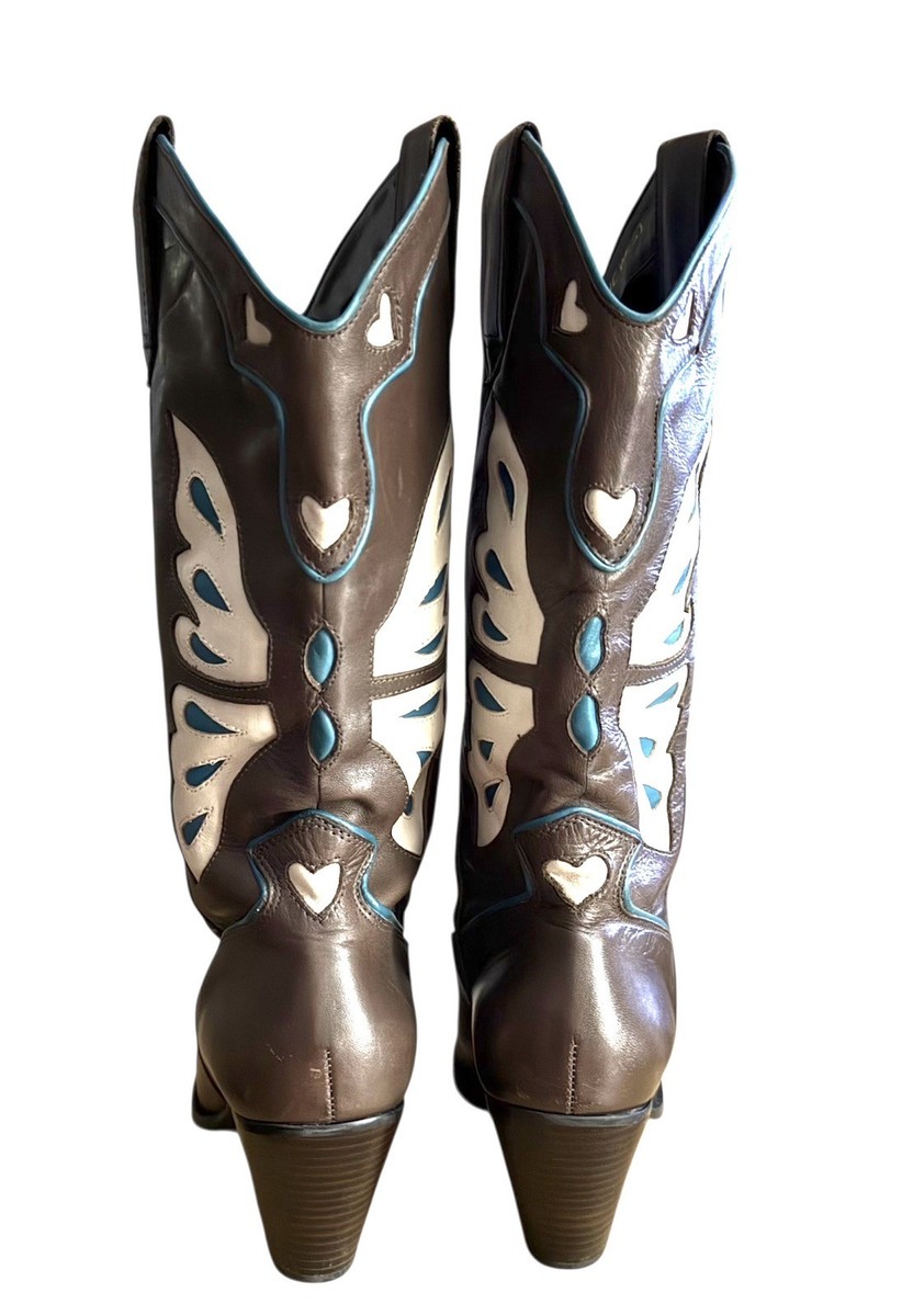 Vtg 90s Nine West Butterfly Hearts Boots Western Style Pointy Toe