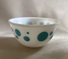 Vintage 1950s Hazel Atlas Polka Dot Milk Glass Bowl Turquoise  7”