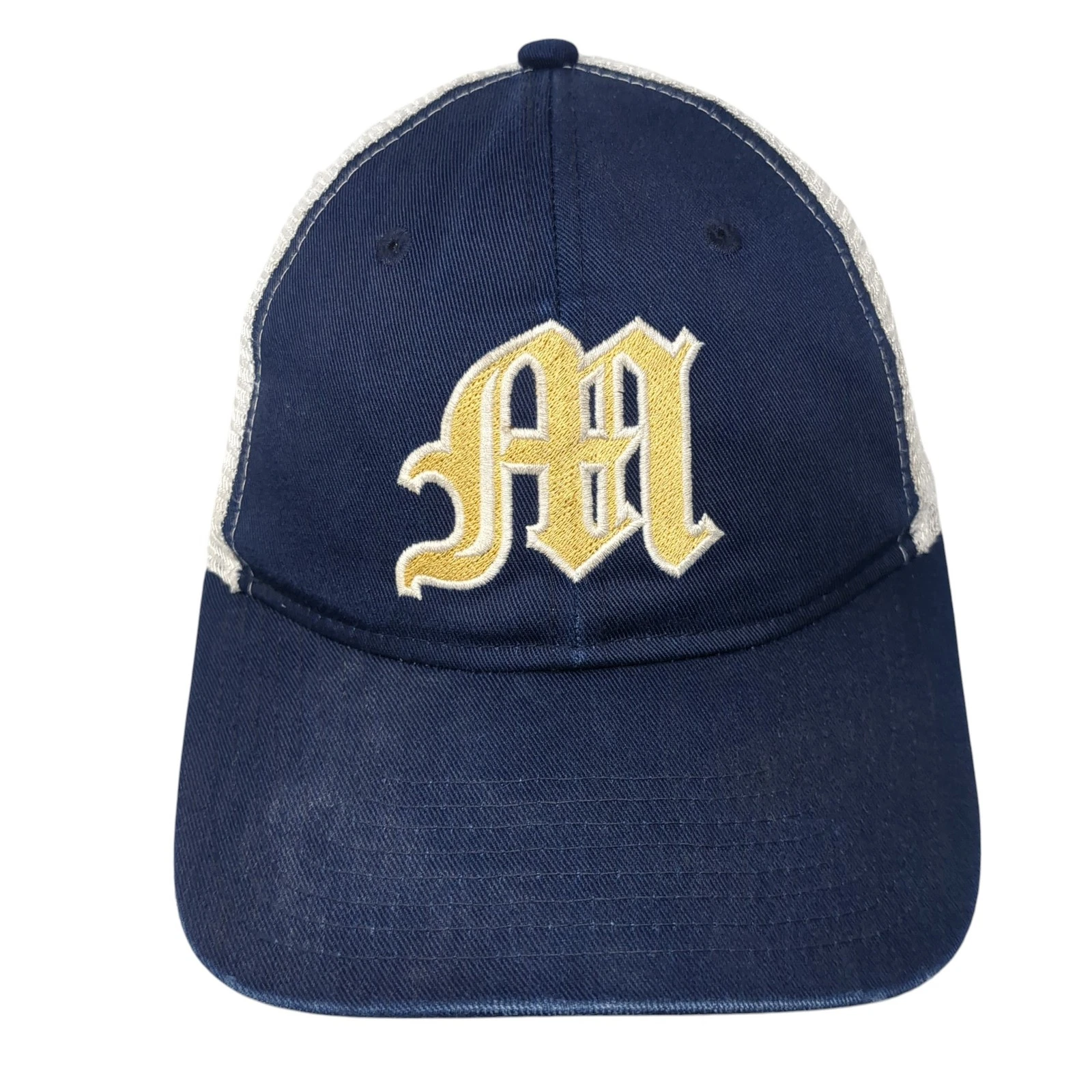 M Snapback Trucker Hat Blue One Size Adjustable Embroidered Mesh Back