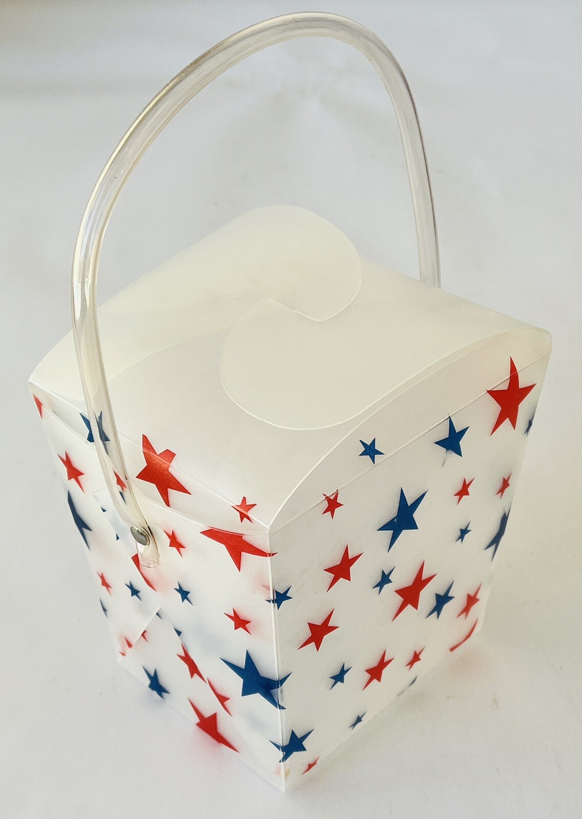 6 Plastic July 4 Take-Out Buckets Gift Boxes with Handles Red Blue Stars 4x4"