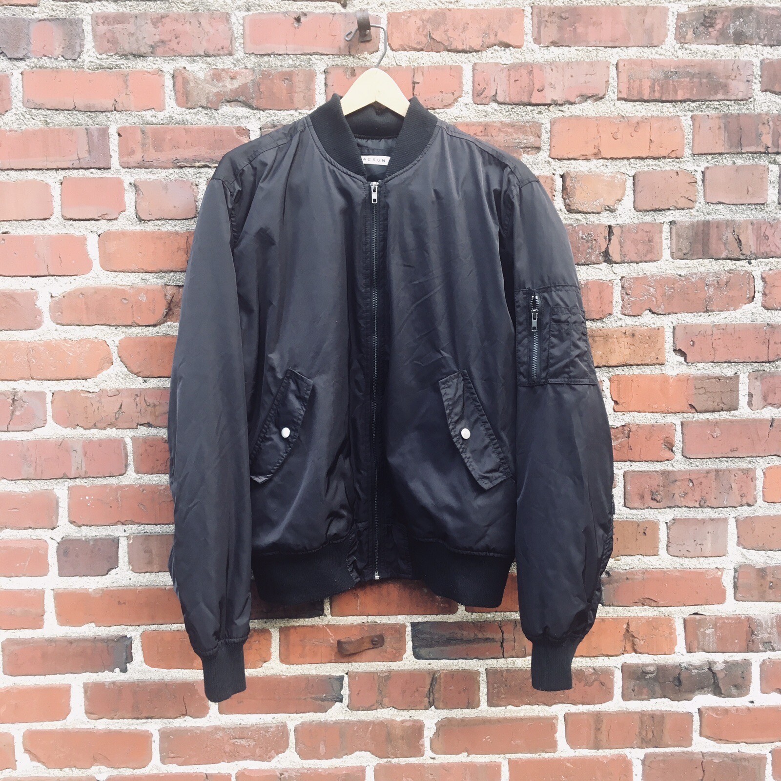 Pacsun Bomber Jacket Black / Black Lined Mens L Large Sleeve Zip Pocket