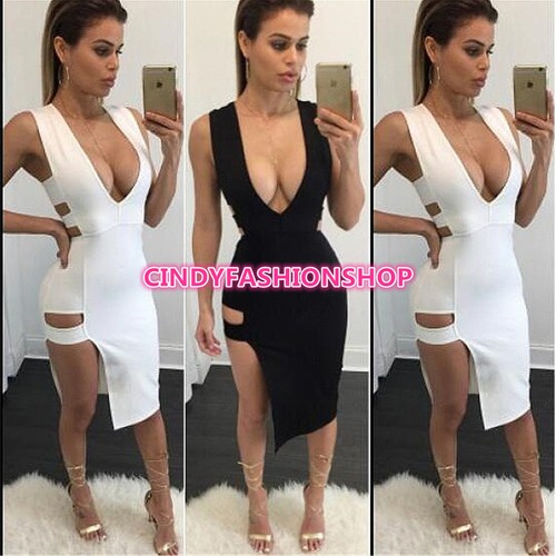 Sexy Woman Tank Sleeveless Party Night Deep-V Neck Side Cut Out Slit Dresses - 第 1/12 張圖片