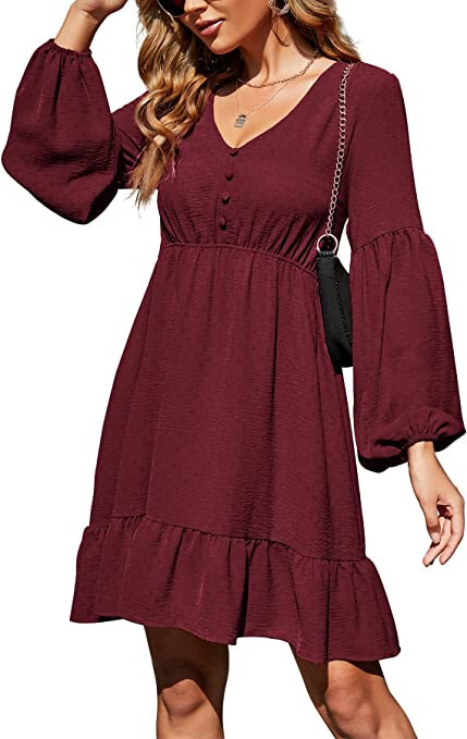 burgundy tunic dress NEW S Amoretu Women's V Neck Flowy Ruffle Sundress Size:SZ 6 Style ·Regular fit navy blue halter maxi dress Women's Black Corset Dresses