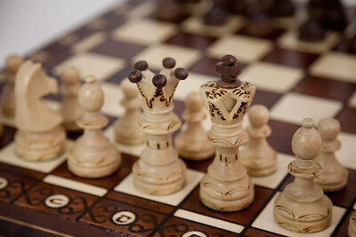Large Handmade Wooden Chess Set 21'' Hand Carved Board Pieces Vintage Full Game