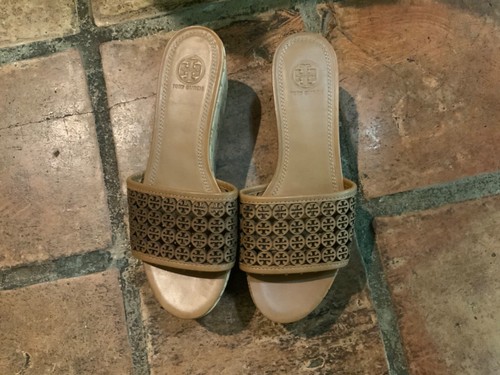 Tory Burch Elaine Wedge Slides Cork Platform Tan Logo Perforated Wm US 8M NEW