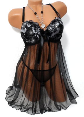 Dessous Valentinstag Neglige  Tüll Spitze Babydoll + String Schwarz 34 38 C