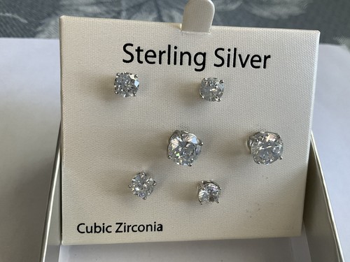 New 3 Pair Sterling Silver & CZ post Earrings - Picture 4 of 5